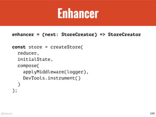 Recap
const middleware = (store) => (next) => (action) => {
return next(action);
};
104
 