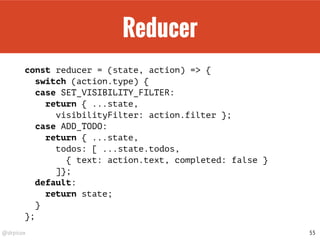 Compute Action
const reducer = (previousState, action) => newState
55
 