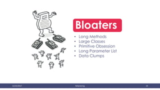 12/23/2017 Refactoring 19
Bloaters
• Long Methods
• Large Classes
• Primitive Obsession
• Long Parameter List
• Data Clumps
 