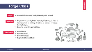 12/23/2017 Refactoring 21
Large Class
Bloaters
• A class contains many fields/methods/lines of code.Signs
Reason
Treatment
• Programmers usually find it mentally less taxing to place a
new feature in an existing class than to create a new class
for the feature.
• Class has several responsibilities.
• Extract Class
• Extract Subclass
• Extract Interface
• Duplicate Observed Data
 