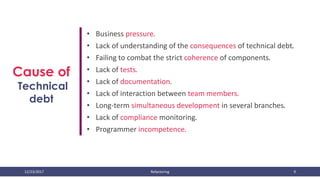 12/23/2017 Refactoring 9
Cause of
Technical
debt
• Business pressure.
• Lack of understanding of the consequences of technical debt.
• Failing to combat the strict coherence of components.
• Lack of tests.
• Lack of documentation.
• Lack of interaction between team members.
• Long-term simultaneous development in several branches.
• Lack of compliance monitoring.
• Programmer incompetence.
 