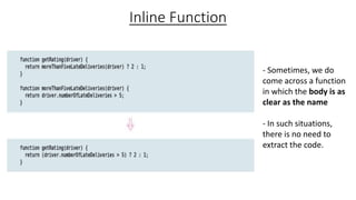 Inline Function
- Sometimes, we do
come across a function
in which the body is as
clear as the name
- In such situations,
there is no need to
extract the code.
 