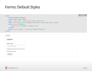 Forms: Default Styles
#HTML5Denver
<form>
<legend>Legend</legend>
<label>Label name</label>
<input type="text" placeholder="Type something…">
<span class="help-block">Example block-level help text here.</span>
<label class="checkbox">
<input type="checkbox"> Check me out
</label>
<button type="submit" class="btn">Submit</button>
</form>
HTML
56/96
 