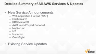 Detailed Summary of All AWS Services & Updates
• New Service Announcements:
– Web Application Firewall (WAF)
– Elasticsearch
– RDS Maria DB
– AWS Import/Export Snowball
– Mobile Hub
– IoT
– Inspector
– QuickSight
• Existing Service Updates
 