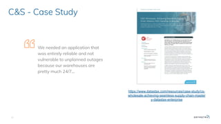 26
C&S - Case Study
We needed an application that
was entirely reliable and not
vulnerable to unplanned outages
because our warehouses are
pretty much 24/7...
https://www.datastax.com/resources/case-study/cs-
wholesale-achieving-seamless-supply-chain-master
y-datastax-enterprise
 