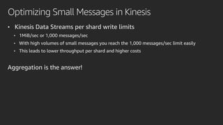 Optimizing Small Messages in Kinesis
• Kinesis Data Streams per shard write limits
• 1MiB/sec or 1,000 messages/sec
• With high volumes of small messages you reach the 1,000 messages/sec limit easily
• This leads to lower throughput per shard and higher costs
Aggregation is the answer!
 