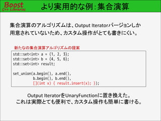 より実用的な例：集合演算

集合演算のアルゴリズムは、Output Iteratorバージョンしか
用意されていないため、カスタム操作がとても書きにくい。

 新たなの集合演算アルゴリズムの提案
std::set<int> a = {1, 2, 3};
std::set<int> b = {4, 5, 6};
std::set<int> result;

set_union(a.begin(), a.end(),
          b.begin(), b.end(),
          [](int x) { result.insert(x); });


   Output IteratorをUnaryFunctionに置き換えた。
 これは実際とても便利で、カスタム操作も簡単に書ける。
 