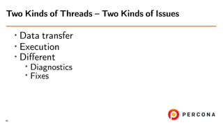 ∙ Data transfer
∙ Execution
∙ Diﬀerent
∙ Diagnostics
∙ Fixes
Two Kinds of Threads – Two Kinds of Issues
49
 
