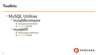 ∙ MySQL Utilities
∙
mysqldbcompare
Compares two databases
MariaDB-friendly
∙
mysqldiﬀ
Checks objects deﬁnitions
MariaDB-friendly
Toolkits
61
 