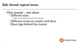 ∙ One master - one slave
∙ Diﬀerent data
Slave cannot execute event from the relay log
∙
Diﬀerent errors on master and slave
∙ Slave lags behind the master
SQL thread: typical issues
29
 