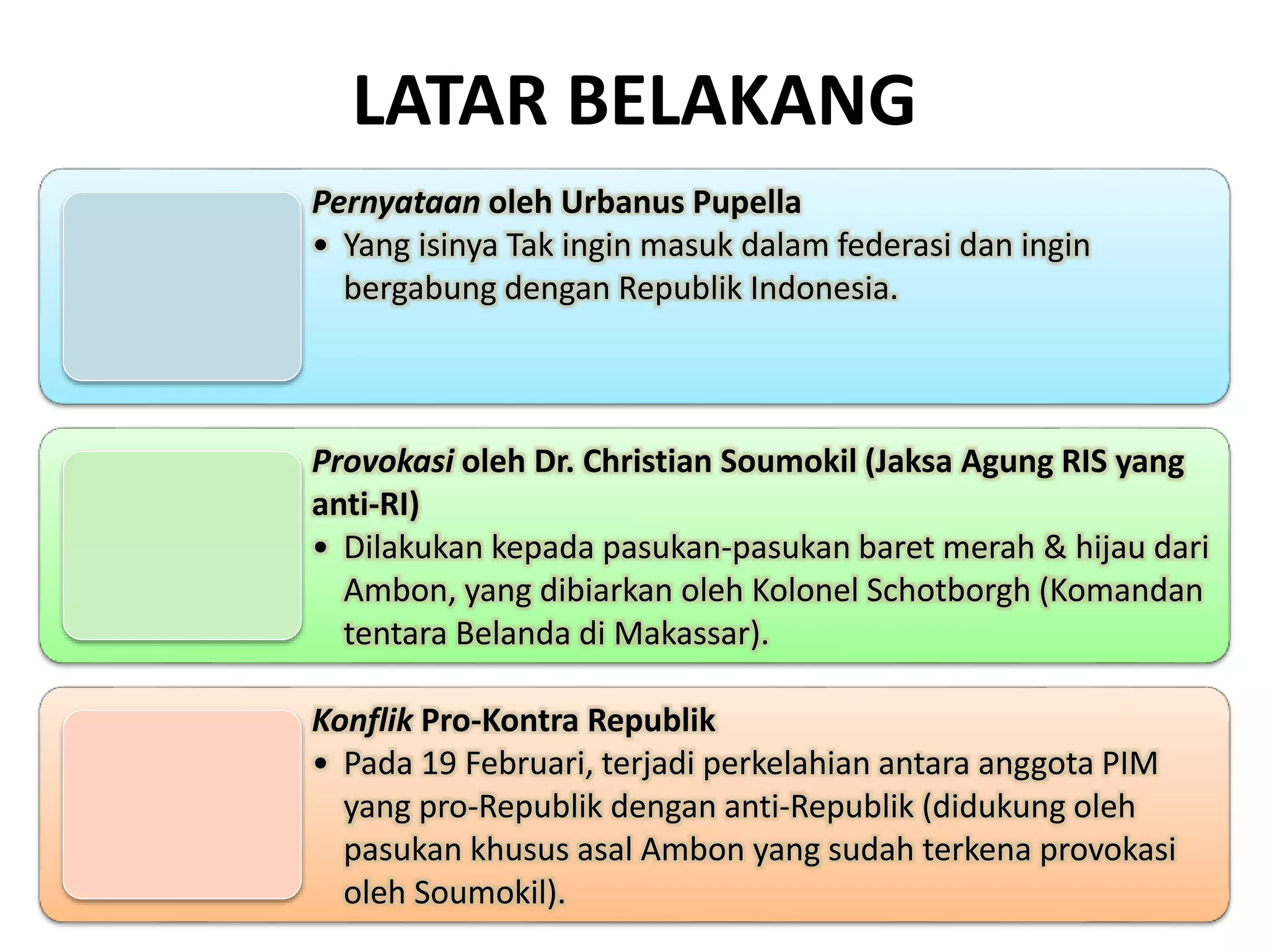 LATAR BELAKANG
Pernyataan oleh Urbanus Pupella
• Yang isinya Tak ingin masuk dalam federasi dan ingin
bergabung dengan Republik Indonesia.
Provokasi oleh Dr. Christian Soumokil (Jaksa Agung RIS yang
anti-RI)
• Dilakukan kepada pasukan-pasukan baret merah & hijau dari
Ambon, yang dibiarkan oleh Kolonel Schotborgh (Komandan
tentara Belanda di Makassar).
Konflik Pro-Kontra Republik
• Pada 19 Februari, terjadi perkelahian antara anggota PIM
yang pro-Republik dengan anti-Republik (didukung oleh
pasukan khusus asal Ambon yang sudah terkena provokasi
oleh Soumokil).
 