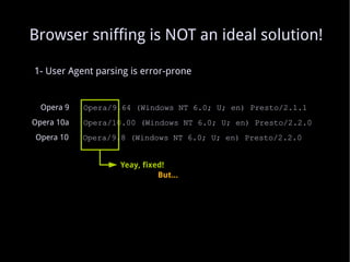1- User Agent parsing is error-prone Opera 9   Opera/9.64 (Windows NT 6.0; U; en) Presto/2.1.1 Opera 10a   Opera/10.00 (Windows NT 6.0; U; en) Presto/2.2.0 Yeay, fixed! Opera 10   Opera/9.8 (Windows NT 6.0; U; en) Presto/2.2.0 Browser sniffing is NOT an ideal solution! But... 