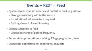 Events + REST = Feed
• System stores domain events and publishes feed (e.g. Atom)
• Strong consistency within the service
• No additional infrastructure required
• Getting closer to Event Sourcing
• Clients subscribe to feed
• Clients in charge of polling frequency
• Server side optimizations: caching, ETags, pagination, links
• Client side optimizations: conditional requests
25
 