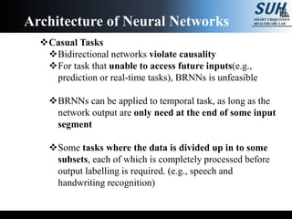 Casual Tasks
Bidirectional networks violate causality
For task that unable to access future inputs(e.g.,
prediction or real-time tasks), BRNNs is unfeasible
BRNNs can be applied to temporal task, as long as the
network output are only need at the end of some input
segment
Some tasks where the data is divided up in to some
subsets, each of which is completely processed before
output labelling is required. (e.g., speech and
handwriting recognition)
Architecture of Neural Networks
 