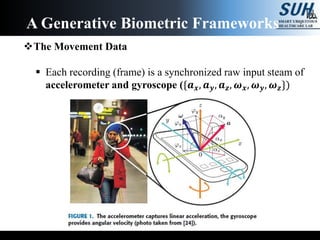 The Movement Data
 Each recording (frame) is a synchronized raw input steam of
accelerometer and gyroscope ({𝒂 𝒙, 𝒂 𝒚, 𝒂 𝒛, 𝝎 𝒙, 𝝎 𝒚, 𝝎 𝒛})
A Generative Biometric Frameworks
 
