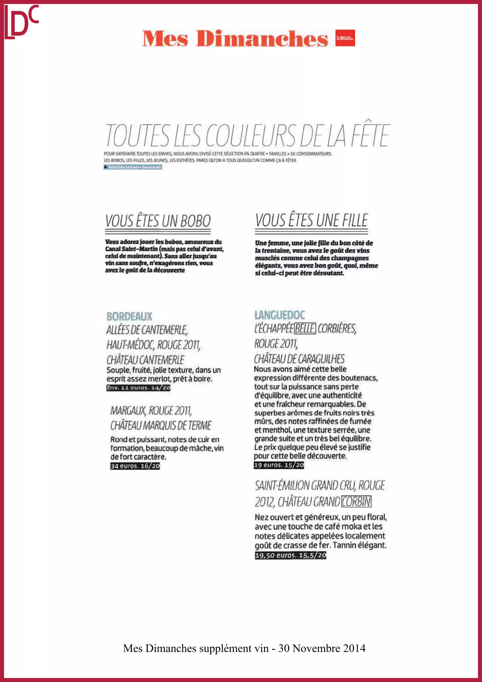 BORDEAUX 
Mes Dimanches supplément vin - 30 Novembre 2014 
BORDEAUX 
Mes Dimanches suMppelsé mDiemnta vnicnh e- s3 s0u Nppolvéemmebnrte v 2in0 1- 430 Novembre 2014 
Mes Dimanches supplément vin - 30 Novembre 2014 
 