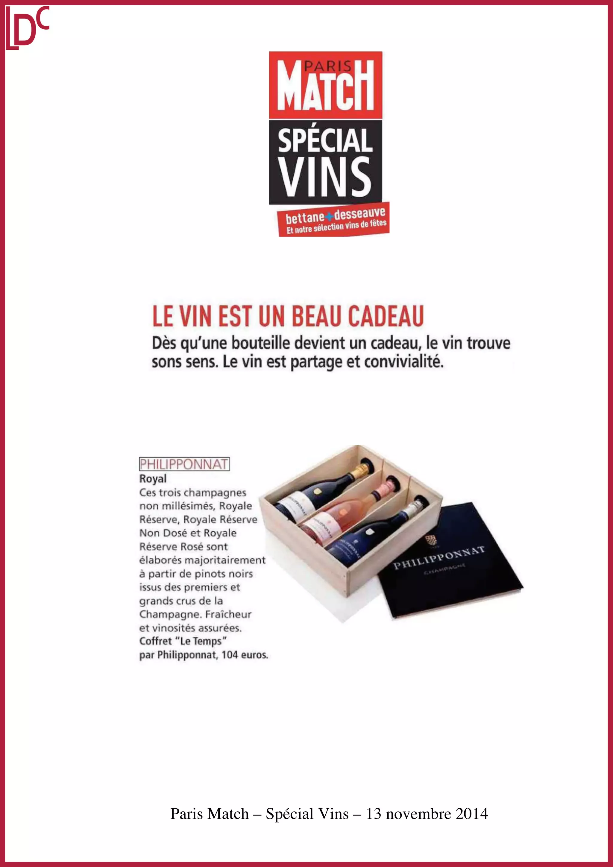 Paris Match – Spécial Vins – 13 novembre 2014 
 