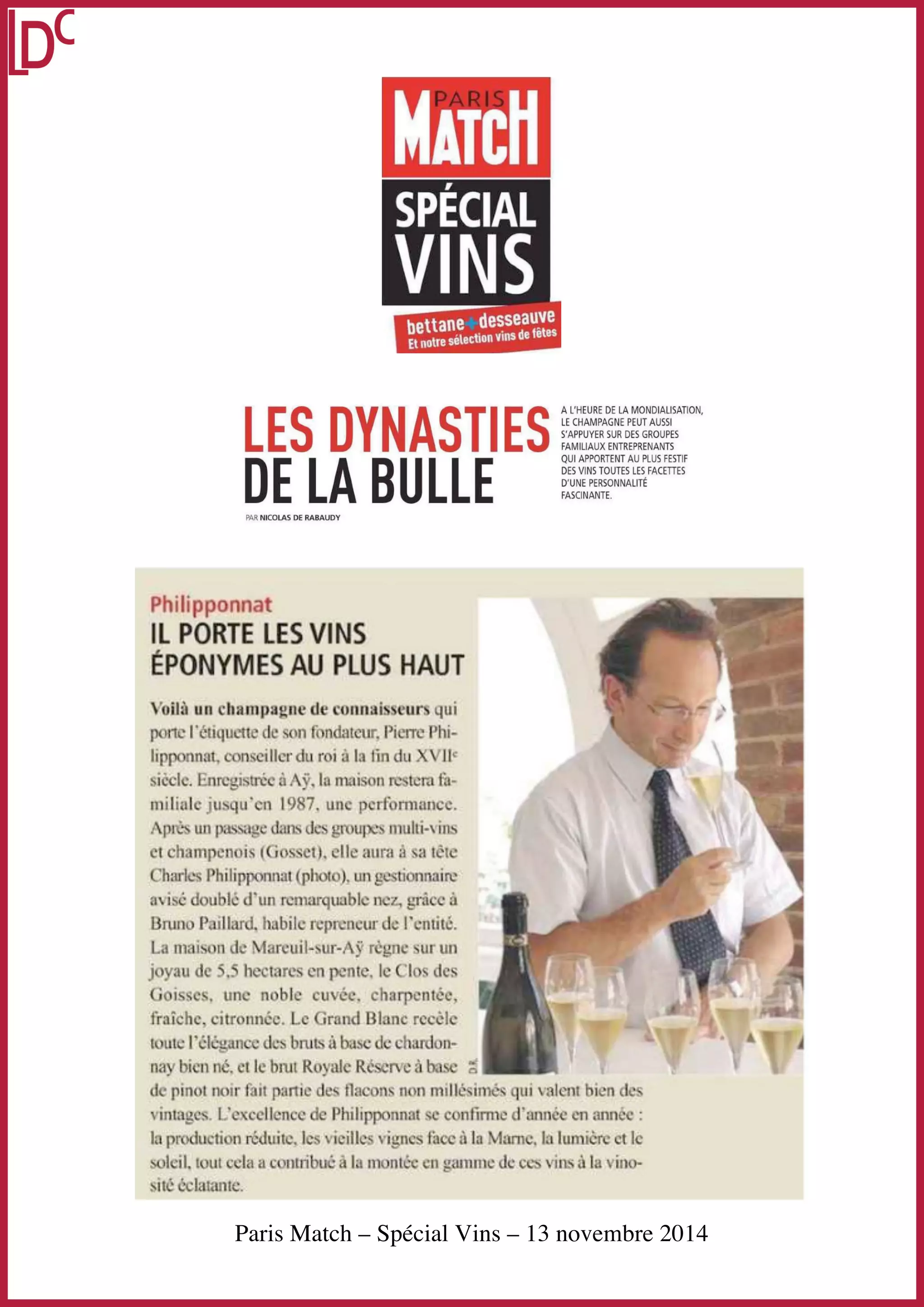 Paris Match – Spécial Vins – 13 novembre 2014 
 