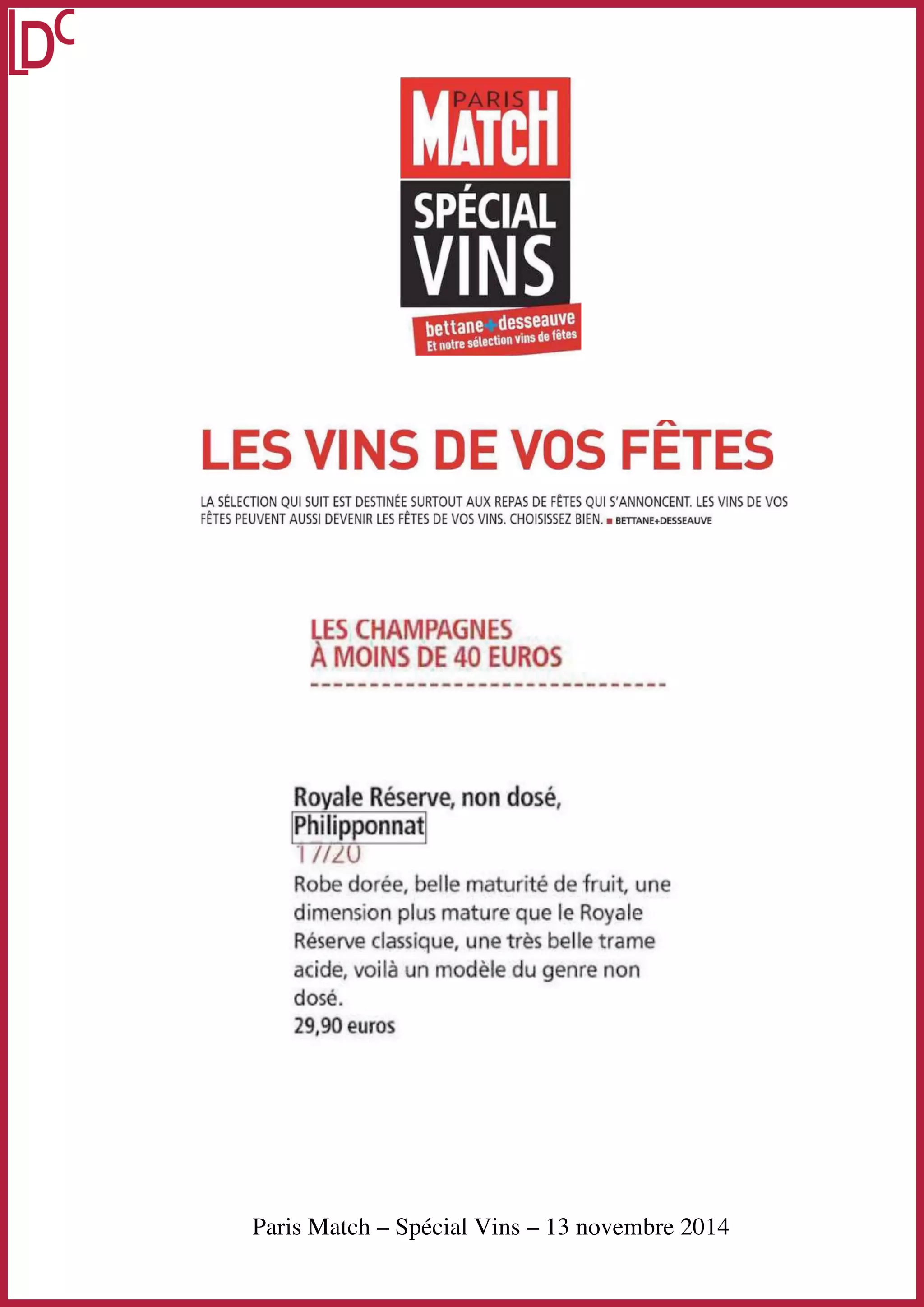 Paris Match – Spécial Vins – 13 novembre 2014 
 