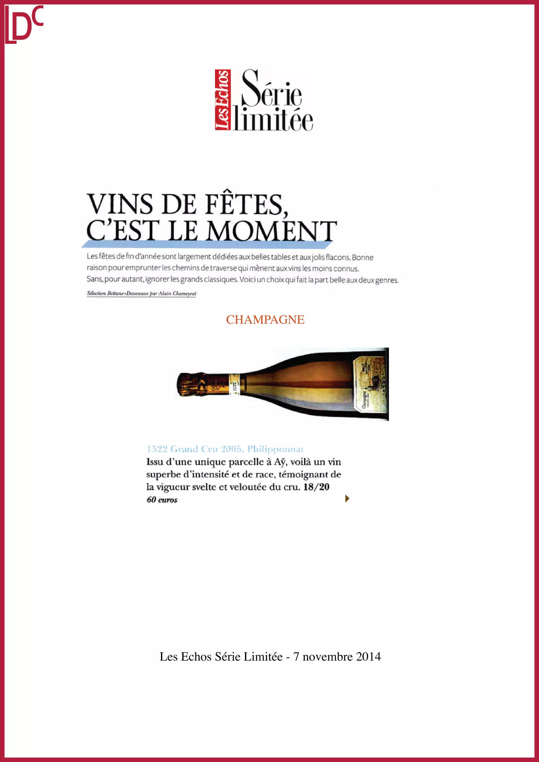 CHAMPAGNE 
Les Echos Série Limitée - 7 novembre 2014 
 
