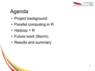 Agenda
●   Project background
●   Parallel computing in R
●   Hadoop + R
●   Future work (Storm)
●   Results and summary




                              2
 