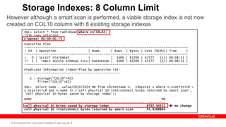 Storage Indexes: 8 Column Limit
However although a smart scan is performed, a viable storage index is not now
created on COL10 column with 8 existing storage indexes
               SQL> select * from radiohead where col10=42;
               1536 rows selected.
               Elapsed: 00:00:00.73
               Execution Plan
               ---------------------------------------------------------------------------------------
               | Id | Operation                  | Name      | Rows | Bytes | Cost (%CPU)| Time      |
               ---------------------------------------------------------------------------------------
               |   0 | SELECT STATEMENT          |           | 1600 | 83200 | 42577    (1)| 00:08:31 |
               |* 1 | TABLE ACCESS STORAGE FULL| RADIOHEAD | 1600 | 83200 | 42577      (1)| 00:08:31 |
               ---------------------------------------------------------------------------------------
               Predicate Information (identified by operation id):
               ---------------------------------------------------
                      1 - storage("COL10"=42)
                          filter("COL10"=42)
               SQL> select name , value/1024/1024 MB from v$statname n, v$mystat s where n.statistic# =
               s.statistic# and n.name in ('cell physical IO interconnect bytes returned by smart scan',
               'cell physical IO bytes saved by storage index');
               NAME                                                                     MB
               ---------------------------------------------------------------- ----------
               cell physical IO bytes saved by storage index                    8792.94531    No change
               cell physical IO interconnect bytes returned by smart scan       45.9288864



 56   Copyright © 2012, Oracle and/or its affiliates. All rights reserved.
 