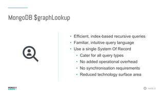 #MDBE16
MongoDB $graphLookup
•  Efficient, index-based recursive queries
•  Familiar, intuitive query language
•  Use a single System Of Record
•  Cater for all query types
•  No added operational overhead
•  No synchronisation requirements
•  Reduced technology surface area
 