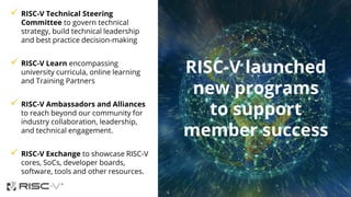 RISC-V launched
new programs
to support
member success
 RISC-V Technical Steering
Committee to govern technical
strategy, build technical leadership
and best practice decision-making
 RISC-V Learn encompassing
university curricula, online learning
and Training Partners
 RISC-V Ambassadors and Alliances
to reach beyond our community for
industry collaboration, leadership,
and technical engagement.
 RISC-V Exchange to showcase RISC-V
cores, SoCs, developer boards,
software, tools and other resources.
 