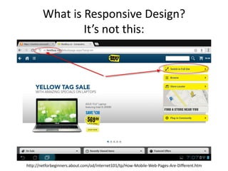 What is Responsive Design?
                It’s not this:




http://netforbeginners.about.com/od/internet101/tp/How-Mobile-Web-Pages-Are-Different.htm
 