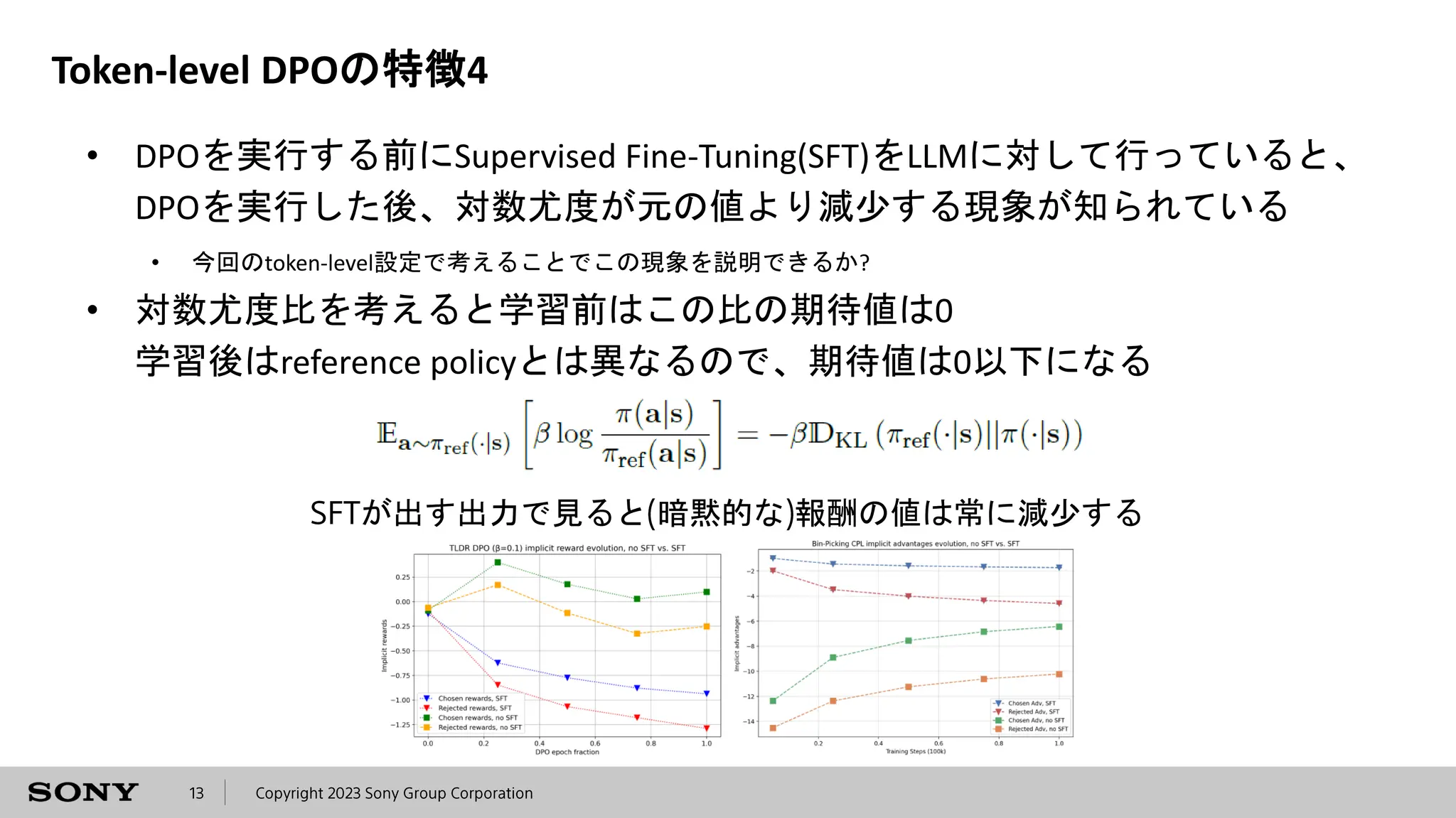 Token-level DPOの特徴4
• DPOを実行する前にSupervised Fine-Tuning(SFT)をLLMに対して行っていると、
DPOを実行した後、対数尤度が元の値より減少する現象が知られている
• 今回のtoken-level設定で考えることでこの現象を説明できるか?
• 対数尤度比を考えると学習前はこの比の期待値は0
学習後はreference policyとは異なるので、期待値は0以下になる
が出す出力で見ると 暗黙的な 報酬の値は常に減少する
 