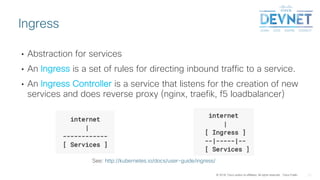 © 2018 Cisco and/or its affiliates. All rights reserved. Cisco Public
• Abstraction for services
• An Ingress is a set of rules for directing inbound traffic to a service.
• An Ingress Controller is a service that listens for the creation of new
services and does reverse proxy (nginx, traefik, f5 loadbalancer)
Ingress
See: http://kubernetes.io/docs/user-guide/ingress/
 