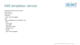 © 2018 Cisco and/or its affiliates. All rights reserved. Cisco Public
K8S templates: service
# k8s/services/api-service-lb.yaml
kind: Service
apiVersion: v1
metadata:
name: rest-api-swagger
spec:
type: LoadBalancer # or NodePort, etc.
ports:
- name: http
port: 8080
targetPort: 10010
protocol: TCP
selector:
app: rest-api-swagger
 