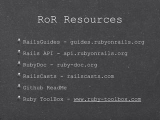 RoR Resources
RailsGuides - guides.rubyonrails.org

Rails API - api.rubyonrails.org

RubyDoc - ruby-doc.org

RailsCasts - railscasts.com

Github ReadMe

Ruby ToolBox - www.ruby-toolbox.com
 