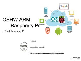 • Start Raspberry Pi
• VERSION 1.6.2
• Release Date : 2017.3
OSHW ARM:
Raspberry Pi
고 강 태
james@thinkbee.kr
https://www.linkedin.com/in/thinkbeekr/
 