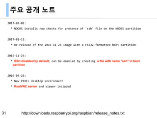 주요 공개 노트
2017-03-02:
* NOOBS installs now checks for presence of 'ssh' file on the NOOBS partition
2017-01-11:
* Re-release of the 2016-11-25 image with a FAT32-formatted boot partition
2016-11-25:
* SSH disabled by default; can be enabled by creating a file with name "ssh" in boot
partition
2016-09-23:
* New PIXEL desktop environment
* RealVNC server and viewer included
31 http://downloads.raspberrypi.org/raspbian/release_notes.txt
 