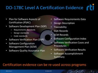 DO-178C Level A Certification Evidence 
• Plan for Software Aspects of 
Certification (PSAC) 
• Software Development Plan (SDP) 
– Requirements standards 
– Design standards 
– Code standards 
• Software Verification Plan (SVP) 
• Software Configuration 
Management Plan (SCM) 
• Software Quality Assurance Plan 
• Software Requirements Data 
• Design Description 
• Traceability 
• SQA Records 
• SCM Records 
• Software Configuration Index 
• Software Verification Cases and 
Procedures 
• Software Verification Results 
• Software Accomplishment 
Summary 
Certification evidence can be re-used across programs 
2014-Oct-1 © 2014 RTI 85 
 