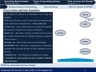 Operating System basics Types of operating systems Task, process and threads
Multiprocessing and Multitasking Task scheduling How to choose an RTOS.
Operating System basics Types of operating systems Task, process and threads
Prepared by Prof. Anand H. D., Dept. of ECE, Dr. AIT, Bengaluru-56 15
RTOS for Embedded System Design
The creation of a process to its termination is not a single step
operation.
The process traverses a series of states during its transition from
newly created state to terminated state – ‘Process Life Cycle’.
‘Created’ state – state at which a process is created, OS recognizes
that a process is created but no resources are allocated.
‘Ready’ state – state where a process is incepted into the memory
and awaiting Processor time for execution. Processes is placed in
‘Ready list queue’.
‘Running’ state – state at which a process execution happens.
‘Blocked/Wait’ state – state where a running process is temporarily
suspended from execution and does not have immediate access to
resources.
‘Completed’ state – state where process completes its execution.
Transistion of a process from one state to another is called as
‘State Transistion’
Process Sates & State transition representation
Process States and State Transition:
 