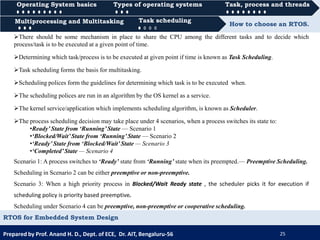 Operating System basics Types of operating systems Task, process and threads
Multiprocessing and Multitasking Task scheduling How to choose an RTOS.
Prepared by Prof. Anand H. D., Dept. of ECE, Dr. AIT, Bengaluru-56 25
RTOS for Embedded System Design
0000 Task scheduling
Operating System basics Types of operating systems Task, process and threads
0000 Task schedulingMultiprocessing and Multitasking
There should be some mechanism in place to share the CPU among the different tasks and to decide which
process/task is to be executed at a given point of time.
Determining which task/process is to be executed at given point if time is known as Task Scheduling.
Task scheduling forms the basis for multitasking.
Scheduling polices form the guidelines for determining which task is to be executed when.
The scheduling polices are run in an algorithm by the OS kernel as a service.
The kernel service/application which implements scheduling algorithm, is known as Scheduler.
The process scheduling decision may take place under 4 scenarios, when a process switches its state to:
•Ready’ State from ‘Running’State — Scenario 1
•‘Blocked/Wait’State from ‘Running’State — Scenario 2
•‘Ready’ State from ‘Blocked/Wait’State — Scenario 3
•‘Completed’State — Scenario 4
Scenario 1: A process switches to ‘Ready’ state from ‘Running’ state when its preempted.— Preemptive Scheduling.
Scheduling in Scenario 2 can be either preemptive or non-preemptive.
Scenario 3: When a high priority process in Blocked/Wait Ready state , the scheduler picks it for execution if
scheduling policy is priority based preemptive.
Scheduling under Scenario 4 can be preemptive, non-preemptive or cooperative scheduling.
 