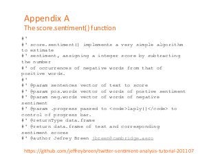 Appendix 
A 
The 
score.senDment() 
funcDon 
#' 
#' score.sentiment() implements a very simple algorithm 
to estimate 
#' sentiment, assigning a integer score by subtracting 
the number 
#' of occurrences of negative words from that of 
positive words. 
#' 
#' @param sentences vector of text to score 
#' @param pos.words vector of words of postive sentiment 
#' @param neg.words vector of words of negative 
sentiment 
#' @param .progress passed to <code>laply()</code> to 
control of progress bar. 
#' @returnType data.frame 
#' @return data.frame of text and corresponding 
sentiment scores 
#' @author Jefrey Breen jbreen@cambridge.aero 
h=ps://github.com/jeffreybreen/twi=er-­‐senDment-­‐analysis-­‐tutorial-­‐201107 
 
