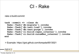CI - Rake
task :commit => :clean do
Rake::Task['db:migrate'].invoke
Rake::Task['db:test:load'].invoke
Rake::Task['db:test:purge'].invoke
Rake::Task['ci:build:rspec_internal'].invoke
Rake::Task['ci:build:cucumber_internal'].invoke
end
rake ci:build:commit
> Example: https://gist.github.com/tompata/6513021
Thursday, September 12, 13
 