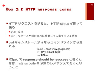 Box 3.2 HTTP response codes HTTP リクエストを送ると、 HTTP status が返って来る 200:  成功 301:  リソースが別の場所に移動してしまっている状態 curl がインストール済みならコマンドラインから見れる RSpec で response.should be_success と書くときは、 status code が 200 のレスポンスであるということ $ curl --head www.google.com HTTP/1.1 302 Found … 省略… 