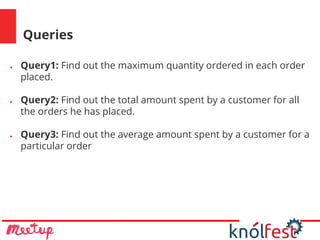 Queries
● Query1: Find out the maximum quantity ordered in each order
placed.
● Query2: Find out the total amount spent by a customer for all
the orders he has placed.
● Query3: Find out the average amount spent by a customer for a
particular order
 