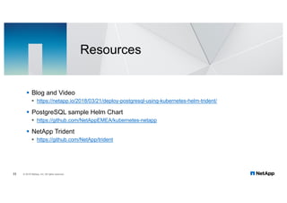§ Blog and Video
§ https://netapp.io/2018/03/21/deploy-postgresql-using-kubernetes-helm-trident/
§ PostgreSQL sample Helm Chart
§ https://github.com/NetAppEMEA/kubernetes-netapp
§ NetApp Trident
§ https://github.com/NetApp/trident
33 © 2018 NetApp, Inc. All rights reserved.
Resources
 