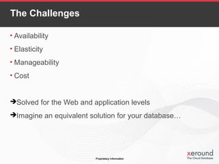 The Challenges
• Availability
• Elasticity
• Manageability
• Cost
Solved for the Web and application levels
Imagine an equivalent solution for your database…
 