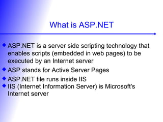 What is ASP.NET
 ASP.NET is a server side scripting technology that
enables scripts (embedded in web pages) to be
executed by an Internet server
 ASP stands for Active Server Pages
 ASP.NET file runs inside IIS
 IIS (Internet Information Server) is Microsoft's
Internet server
 