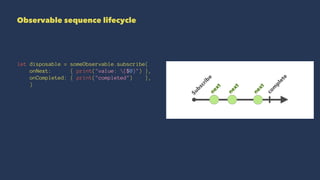 Observable sequence lifecycle
let disposable = someObservable.subscribe(
onNext: { print("value: ($0)") },
onCompleted: { print("completed") },
)
 