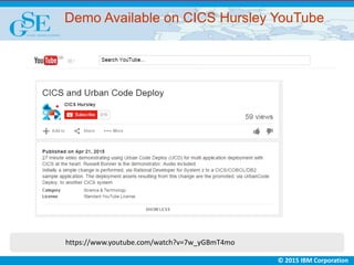 © 2015 IBM Corporation
Demo Available on CICS Hursley YouTube
https://www.youtube.com/watch?v=7w_yGBmT4mo
 