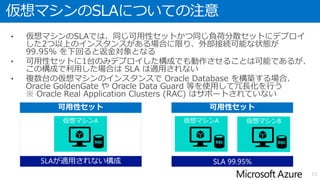 仮想マシンのSLAについての注意
• 仮想マシンのSLAでは、同じ可用性セットかつ同じ負荷分散セットにデプロイ
した2つ以上のインスタンスがある場合に限り、外部接続可能な状態が
99.95% を下回ると返金対象となる
• 可用性セットに1台のみデプロイした構成でも動作させることは可能であるが、
この構成で利用した場合は SLA は適用されない
• 複数台の仮想マシンのインスタンスで Oracle Database を構築する場合、
Oracle GoldenGate や Oracle Data Guard 等を使用して冗長化を行う
※ Oracle Real Application Clusters (RAC) はサポートされていない
13
 