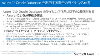 Azure で Oracle Database を利用する場合のライセンス体系
Azure での Oracle Database のライセンス体系は以下の2種類がある
• Azure による分単位の課金
• ギャラリーから仮想マシン (Oracle Database インストール済み Windows) を利用した場合
※ Azure の無料評価版や msdn などによる無料利用枠の対象外となる
※ Enterprise Agreement のサブスクリプションの場合でも、別途課金される
※ Enterprise Edition オプションのうち、Oracle Partitioning、Advanced Compression、
Active Data Guard が有効になっているが、これらはこの料金に含まれていない
これらを含めた Enterprise Edition オプションを Microsoft より購入することはできない
Oracle ライセンス モビリティ プログラム
• “クラウド・コンピューティング環境における Oracle ソフトウェアのライセンス” に従い、
所有する Oracle Database のライセンスを Azure に持ち込むことができる
http://www.oracle.com/jp/store/cloud-lic-170290-ja.pdf
• 仮想マシン (Windows/Linux) に手動で Oracle Database をインストールした場合
• ギャラリーから仮想マシン (Oracle Database インストール済み Linux) を利用した場合
5
* Virtual Machines (仮想マシン) の料金詳細 (Oracle ソフトウェア) http://azure.microsoft.com/ja-jp/pricing/details/virtual-machines/#oracle-software
* Licensing Oracle Software in the Cloud Computing Environment http://www.oracle.com/us/corporate/pricing/cloud-licensing-070579.pdf
 
