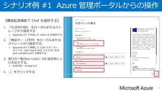 シナリオ例 #1 Azure 管理ポータルからの操作
29
【構成拡張機能で Chef を選択する】
1. 「CLIENT.RB」 をローカルまたはスト
レージから指定する
 Appendix#5 で作成した client.rb を指定する
2. 「検証キー（.PEM）をローカルまたは
ストレージから指定する。
 Appendix#4 で準備した Chef スターター
キットの chef-repo¥.chef フォルダにある
azst-validator.pem を指定する
3. 実行の一覧(Run List)に IIS 設定用レシ
ピを記入する。
 記述内容：recipe['iis']
4. をクリックする
 